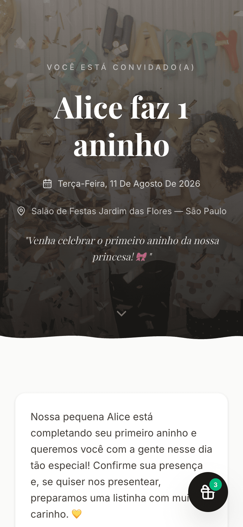 Convite de aniversário criado no Confirmo. Clique para ver a página de exemplo