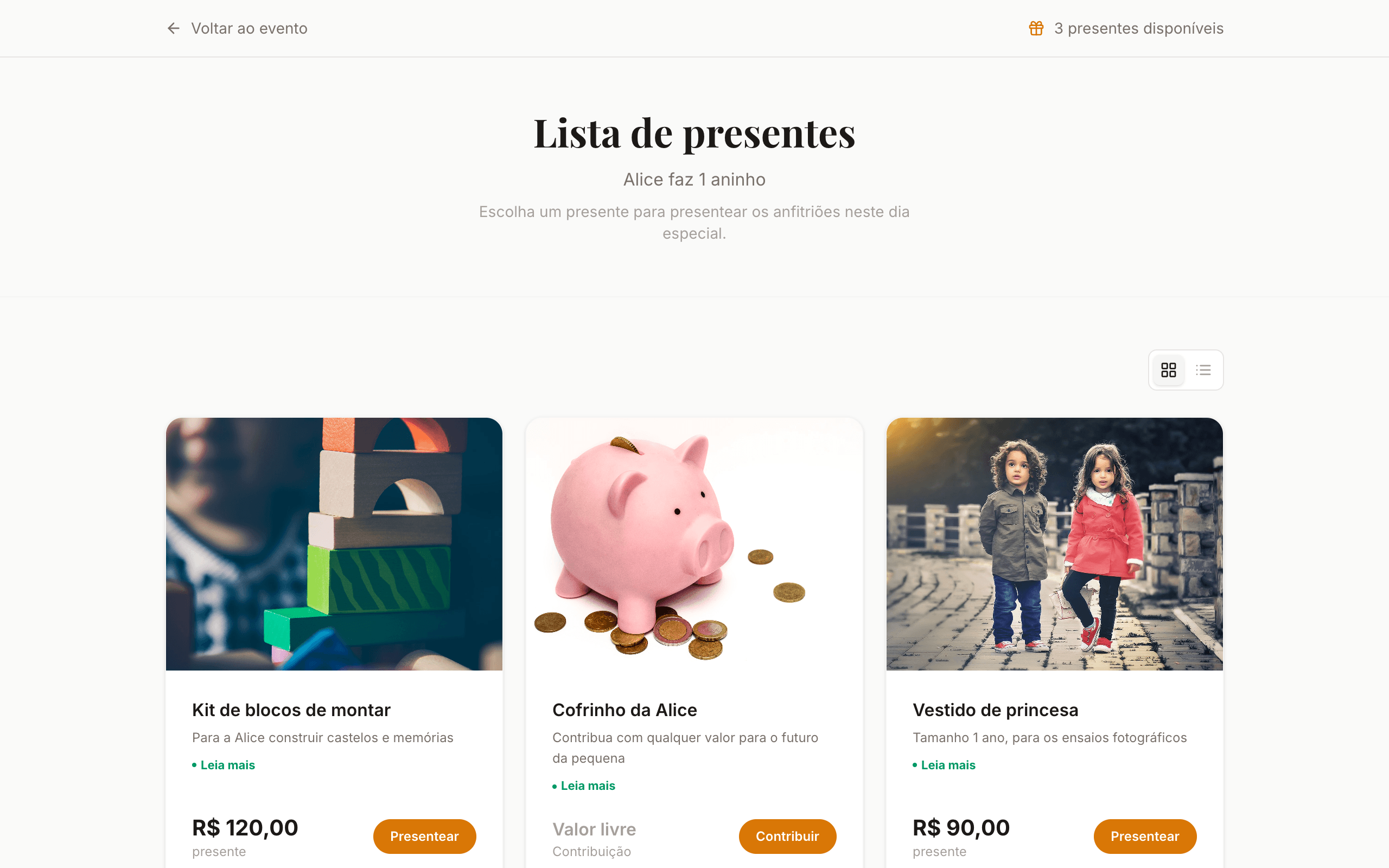Lista de presentes com Pix direto
