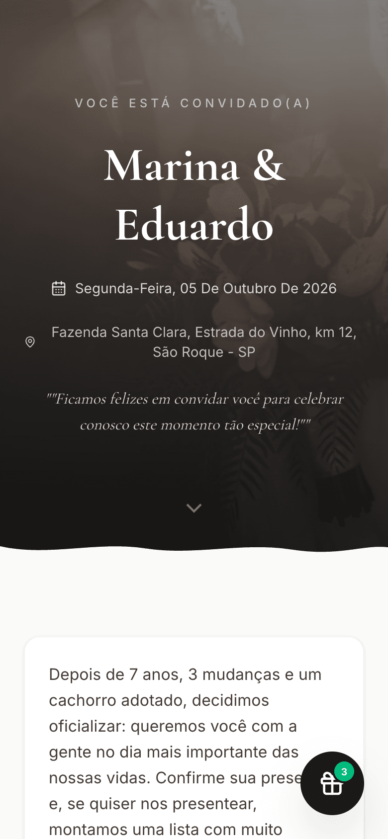Convite de casamento criado no Confirmo, visto no celular do convidado