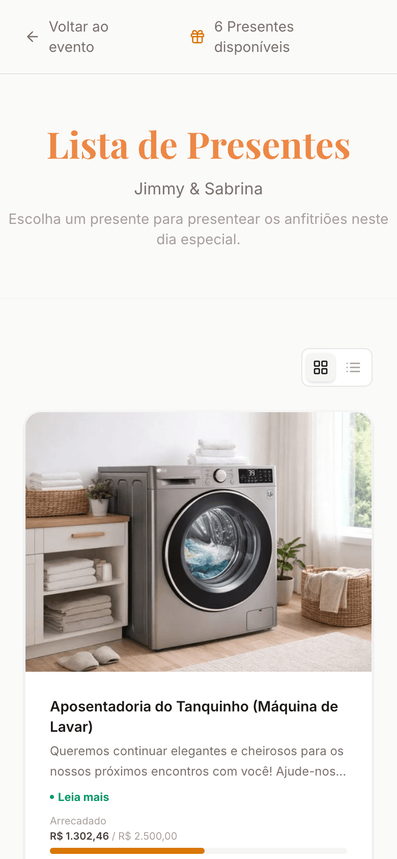 Lista de presentes do casamento no celular, com cota e barra de progresso