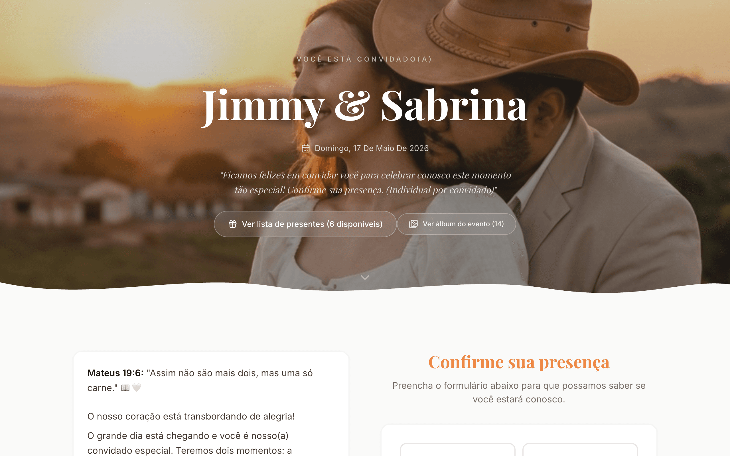 Página de casamento rústica ao pôr do sol desenhada pela IA do Confirmo